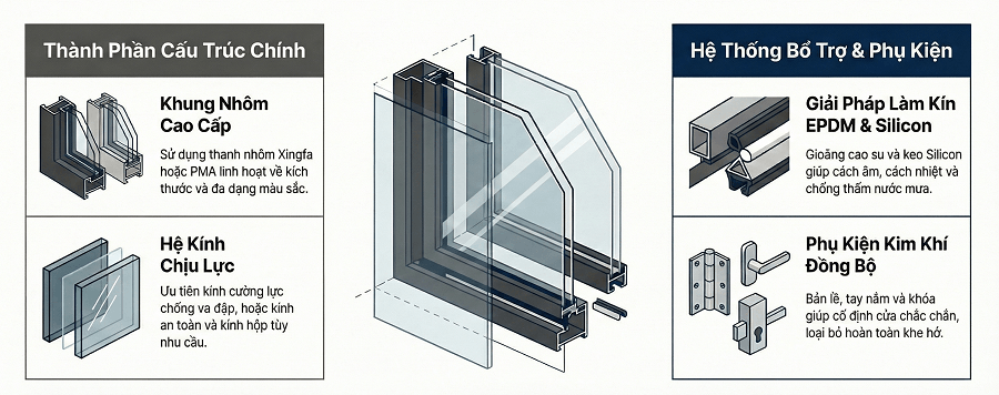 Cấu tạo cơ bản của cửa sổ nhôm kính 2 cánh
